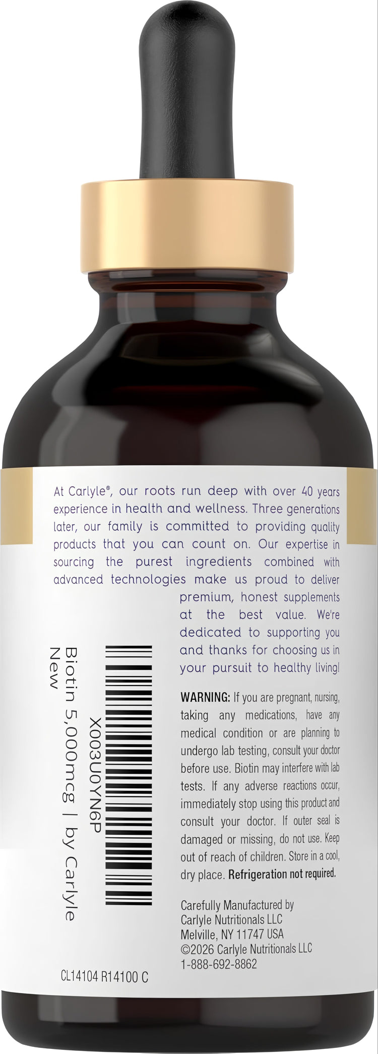 Carlyle Biotin 5,000mcg liquid dropper bottle displayed.