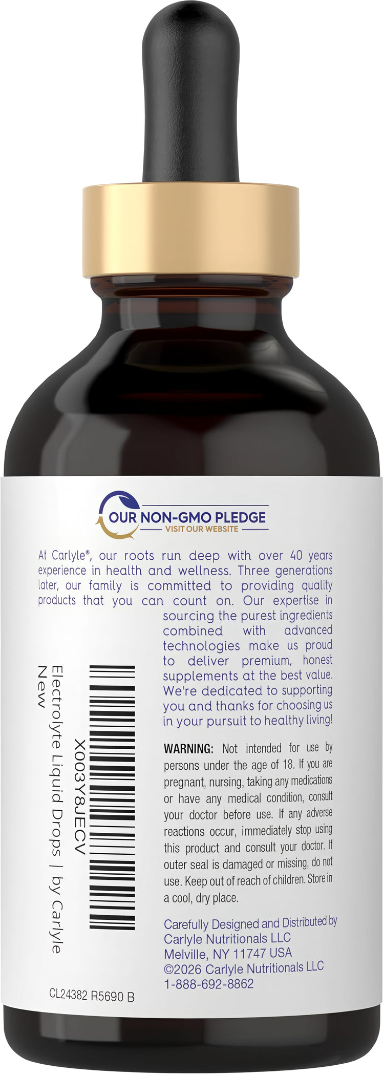 Carlyle Electrolyte Liquid Drops, 4 fl oz bottle shown for hydration and nutrient replenishment.