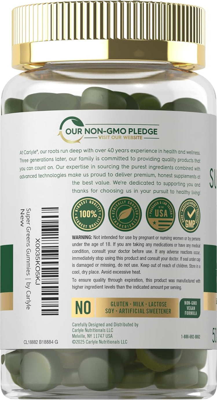 Carlyle Super Greens Gummies, 50 count bottle, displayed on a white background with clear labeling and vibrant packaging.