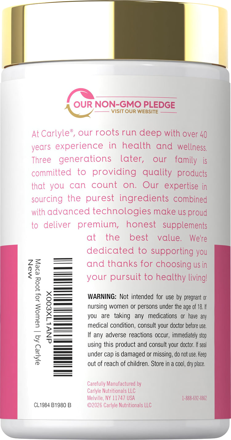 Carlyle Maca Root For Women 3200mg, featuring 2x1600mg servings in a 150-capsule bottle.