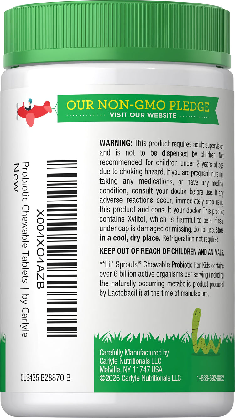 Carlyle Probiotic Chewable Tablets for Kids, new, with Non-GMO pledge. Contains over 6 billion active probiotics.