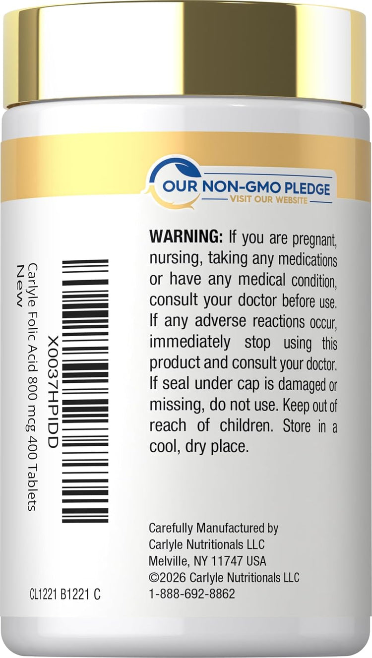 Carlyle Folic Acid 800 mcg 400 Tablets bottle displays 'Our Non-GMO Pledge' and product warnings on the label.