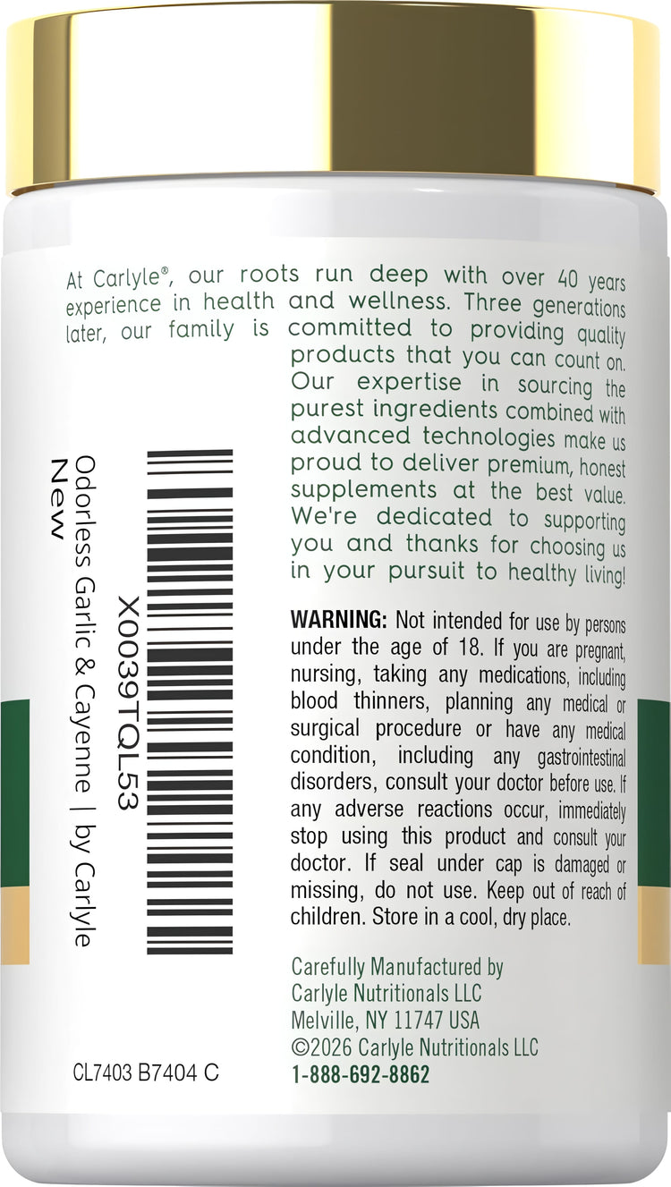 Carlyle Odorless Garlic & Cayenne supplement bottle for health support.