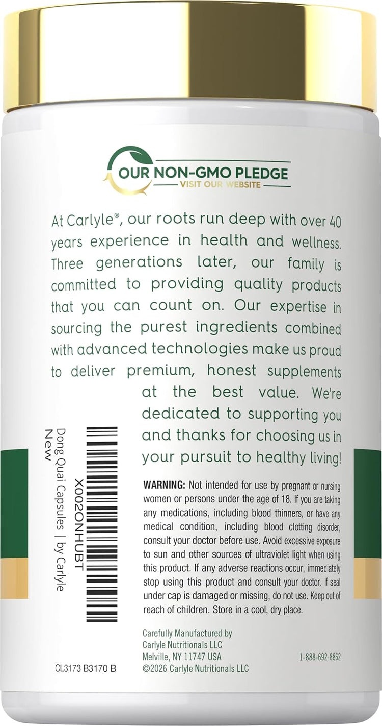 Carlyle Dong Quai 1000 mg 250 Capsules bottle, displaying a Non-GMO Pledge label.
