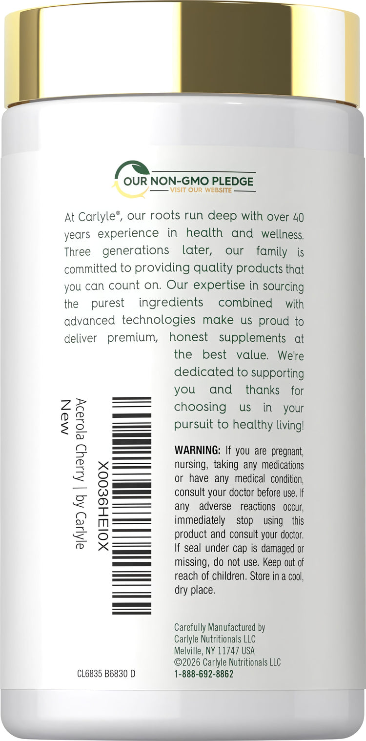 Carlyle Acerola Cherry supplement with 1000 mg per capsule, available in a 150 capsule bottle for immune support.