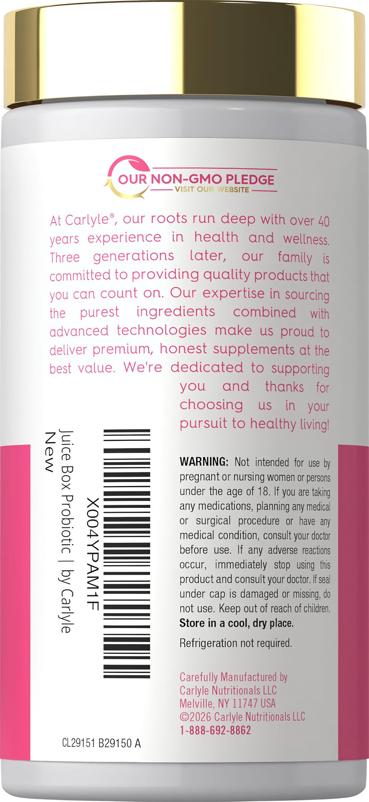 Juice Box Vaginal Moisture 60-capsule bottle with labels showing 'Juice Box Probiotic' and 'OUR NON-GMO PLEDGE'.