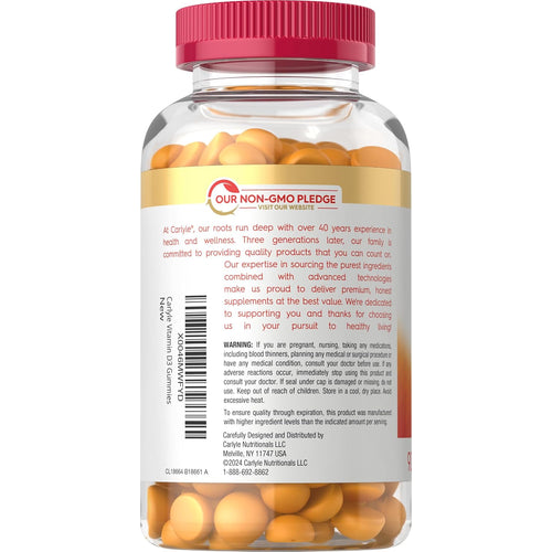 View 3 Carlyle Vitamin D3 Gummies bottle featuring a 'OUR NON-GMO PLEDGE' logo.