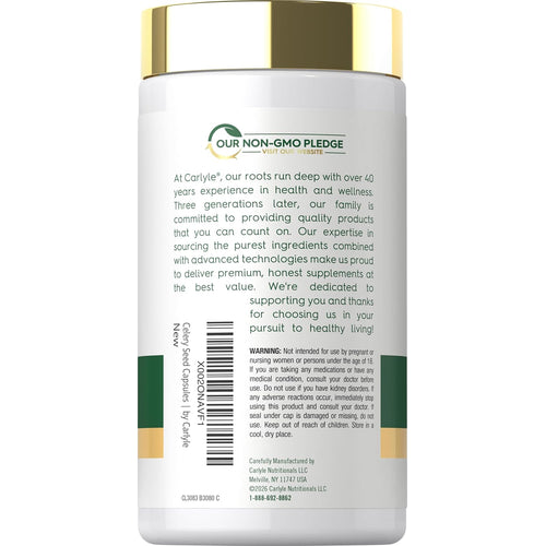 View 3 Carlyle Celery Seed 2000 mg supplement bottle containing 240 capsules.