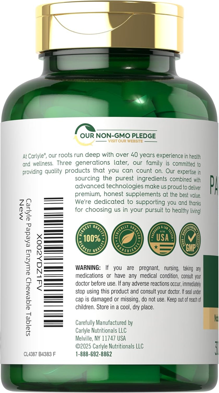 Carlyle Papaya Enzyme chewable tablets include 300 tablets for digestive support.