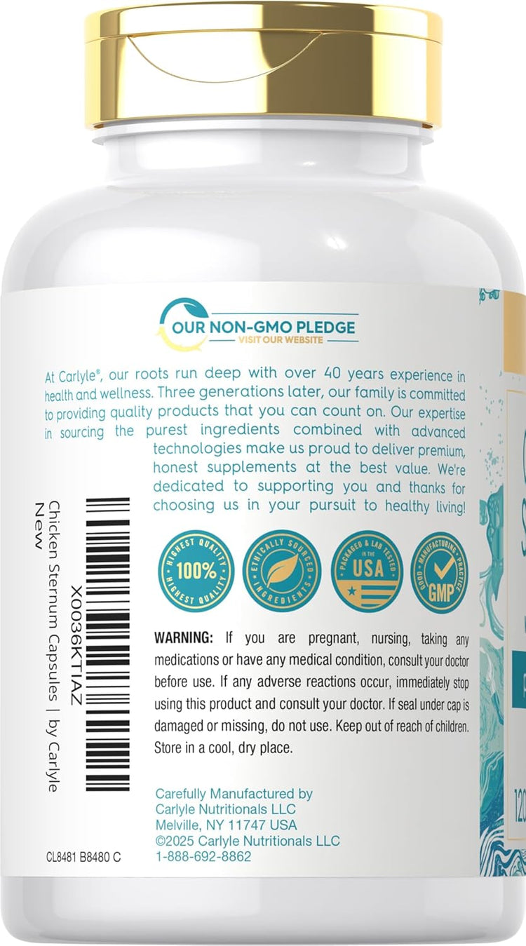 CL Carlyle Chicken Collagen Type II, 3000 mg, 120 capsules in white bottle with blue label.