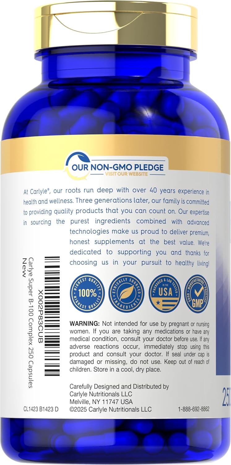 Carlyle Super B-100 Complex dietary supplement with 250 capsules, supporting energy levels and overall wellness.