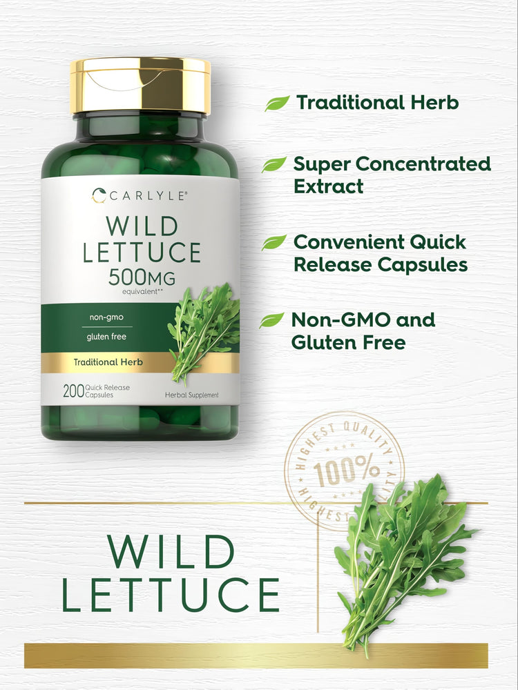 Carlyle Wild Lettuce supplement, 500 MG equivalent, includes 200 quick release capsules in each bottle.