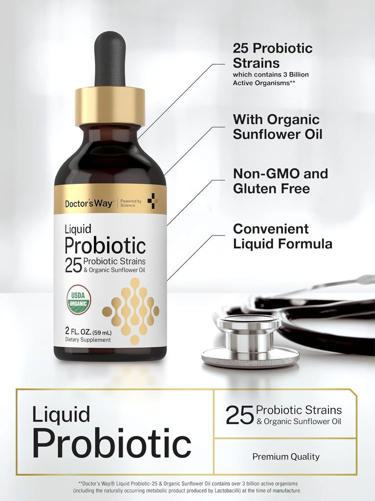Product highlights graphic stating 25 Probiotic Strains (3 Billion Active Organisms**), Organic Sunflower Oil, Non-GMO & Gluten Free.