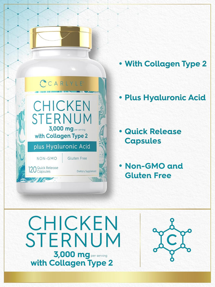 Chicken Sternum Collagen Type 2, 3000 mg, and Hyaluronic Acid in 120 Quick Release Capsules.