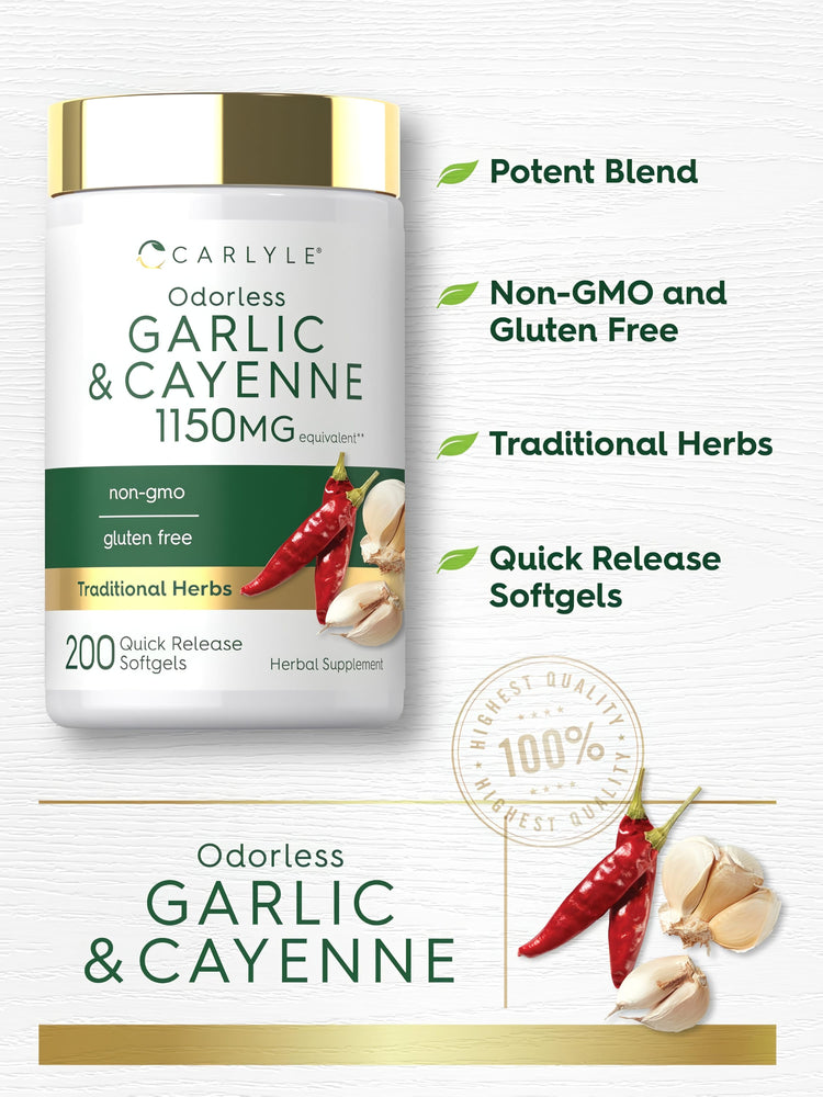 Carlyle Odorless Garlic & Cayenne 1150MG, 200 Quick Release Softgels. Non-GMO, gluten-free, Traditional Herbs.