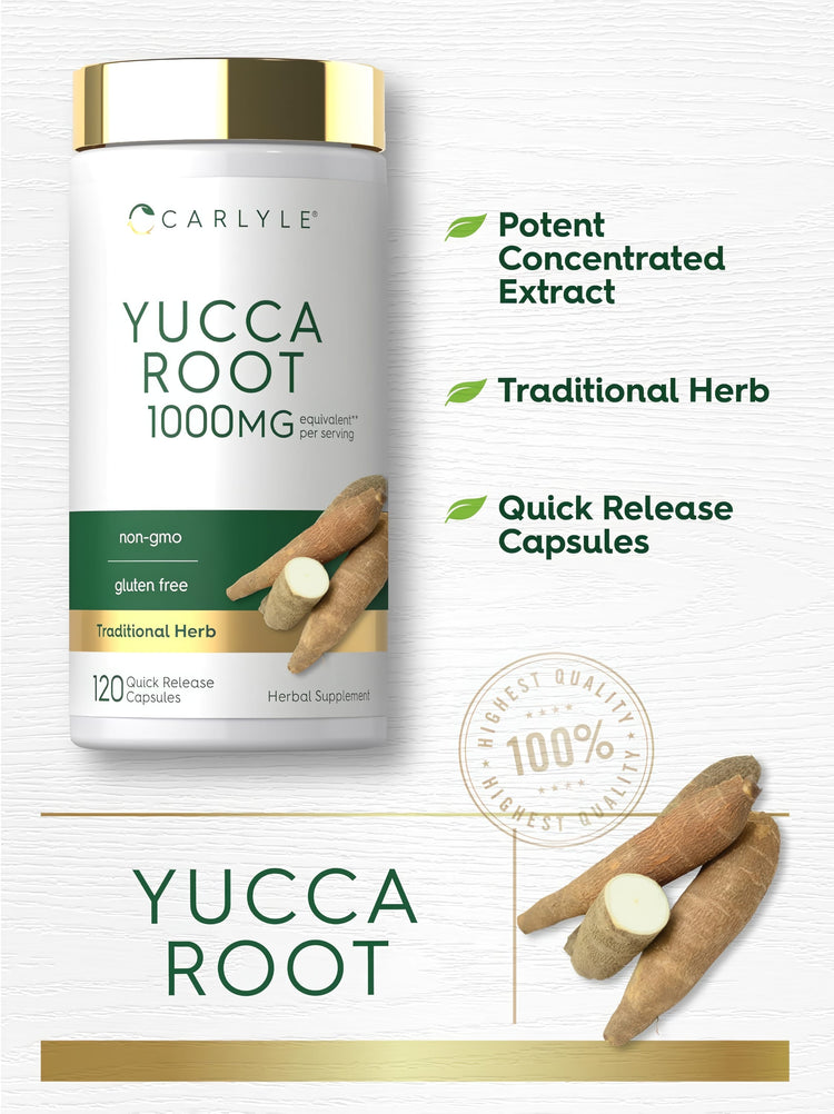 Carlyle Yucca Root 1000 mg per serving with 120 quick release capsules; non-GMO and gluten-free product.