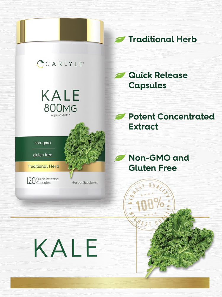 Kale 800 mg equivalent, 120 Quick Release Capsules: Traditional Herb, Non-GMO, Gluten Free, Potent Extract, Highest Quality.