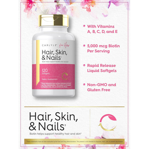View 4 Carlyle for Her Hair, Skin, & Nails features 120 rapid release liquid softgels in a bottle.