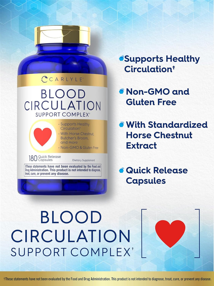 Carlyle Blood Circulation Support Complex with 180 quick-release capsules for improved blood flow.