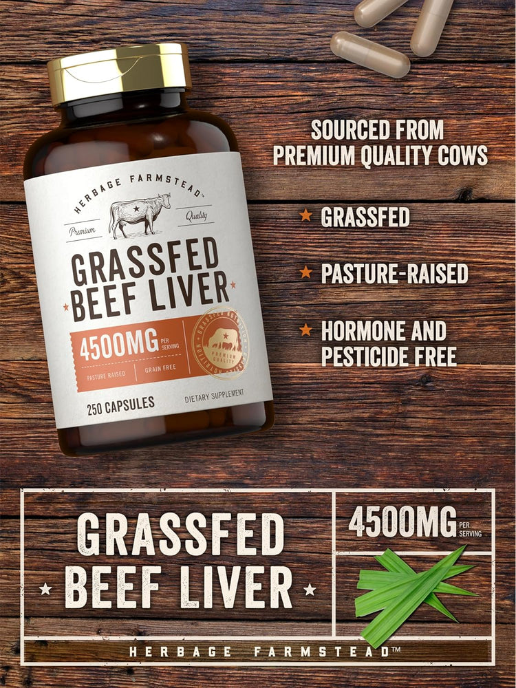 Herbage Farmstead Grassfed Beef Liver capsules: 4500 mg per serving, 250 count.