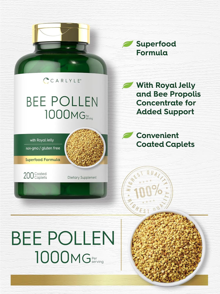 Bee Pollen 1000 mg per serving with Royal Jelly, 200 coated caplets in a bottle.
