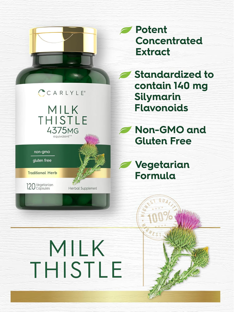 Product highlights graphic stating Potent Concentrated Extract, Standardized 140 mg Silymarin Flavonoids, Non-GMO, Gluten Free, Vegetarian.