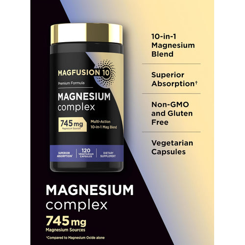View 4 Carlyle 10 Magnesium Complex with 745 mg of magnesium sources in 120 vegetarian capsules.