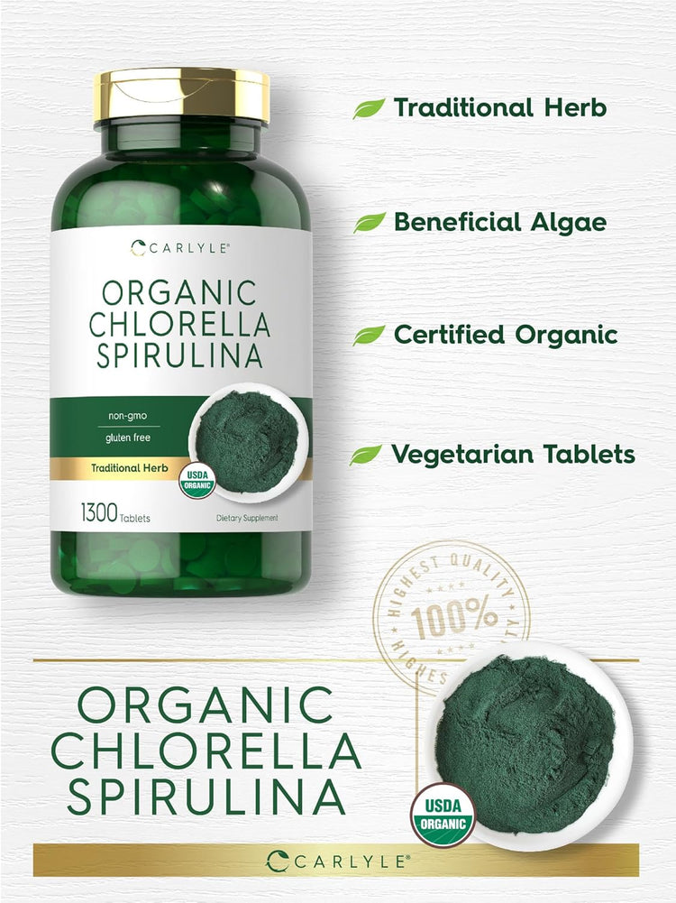 Carlyle Organic Chlorella Spirulina supplement, 1300 tablets, ideal for boosting overall vitality and wellness in a convenient form.