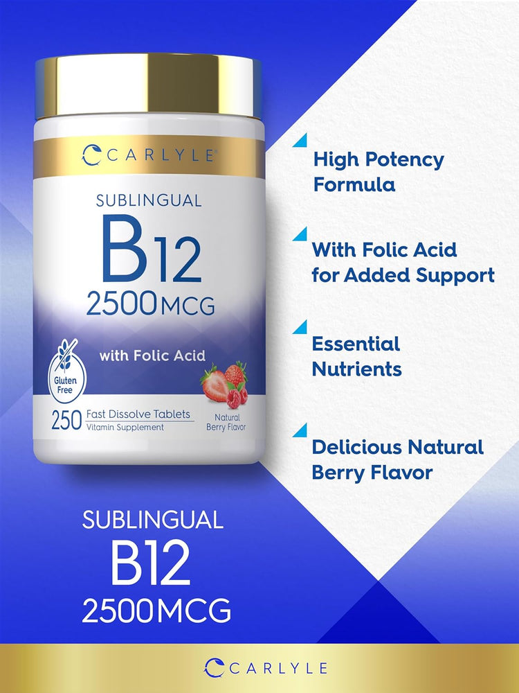 Carlyle Sublingual B12 2500 MCG with Folic Acid, 250 fast dissolve tablets, natural berry flavor, gluten free.