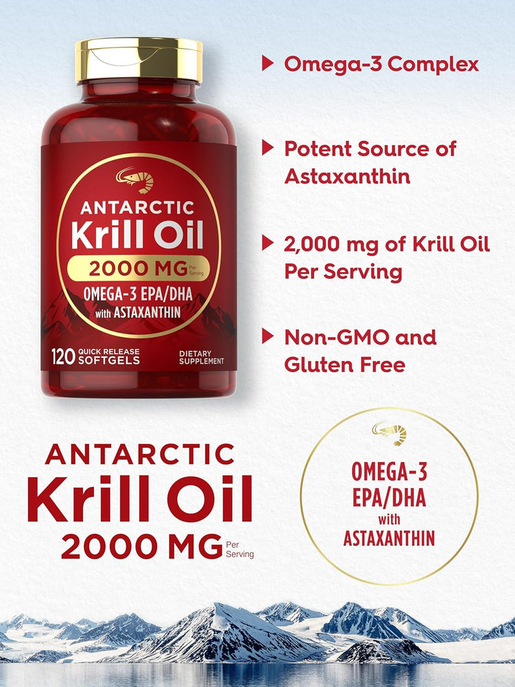 Antarctic Krill Oil 2000 mg, Omega-3 EPA/DHA with Astaxanthin; 120 quick release softgels per serving.