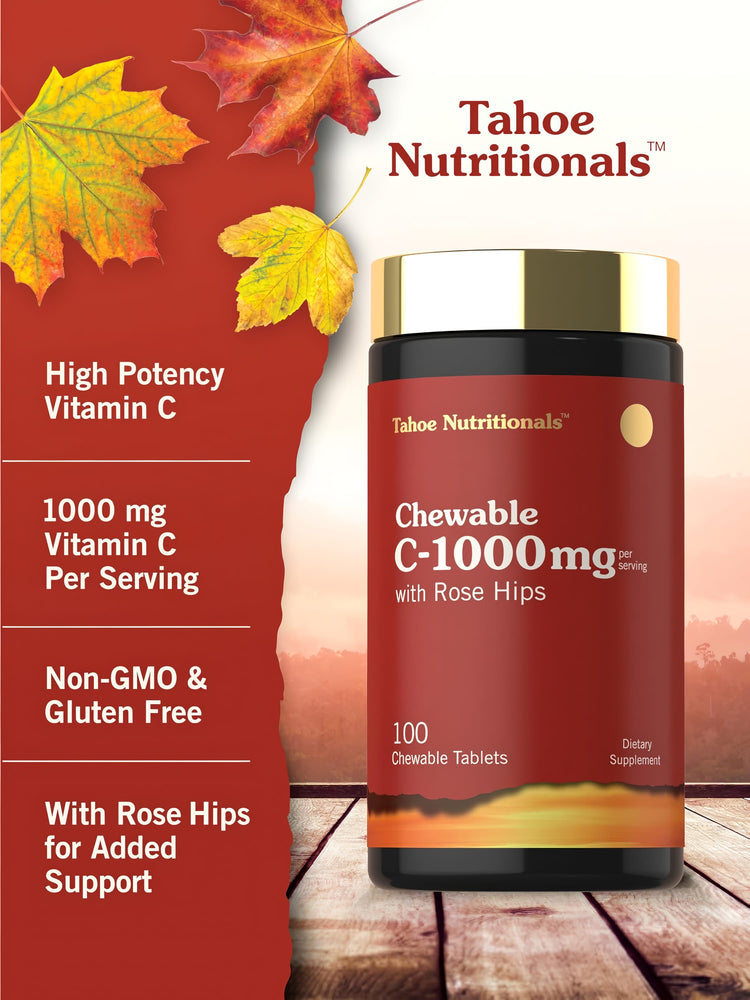 Tahoe Nutritionals Chewable C-1000mg with Rose Hips, 100 Chewable Tablets, Dietary Supplement.