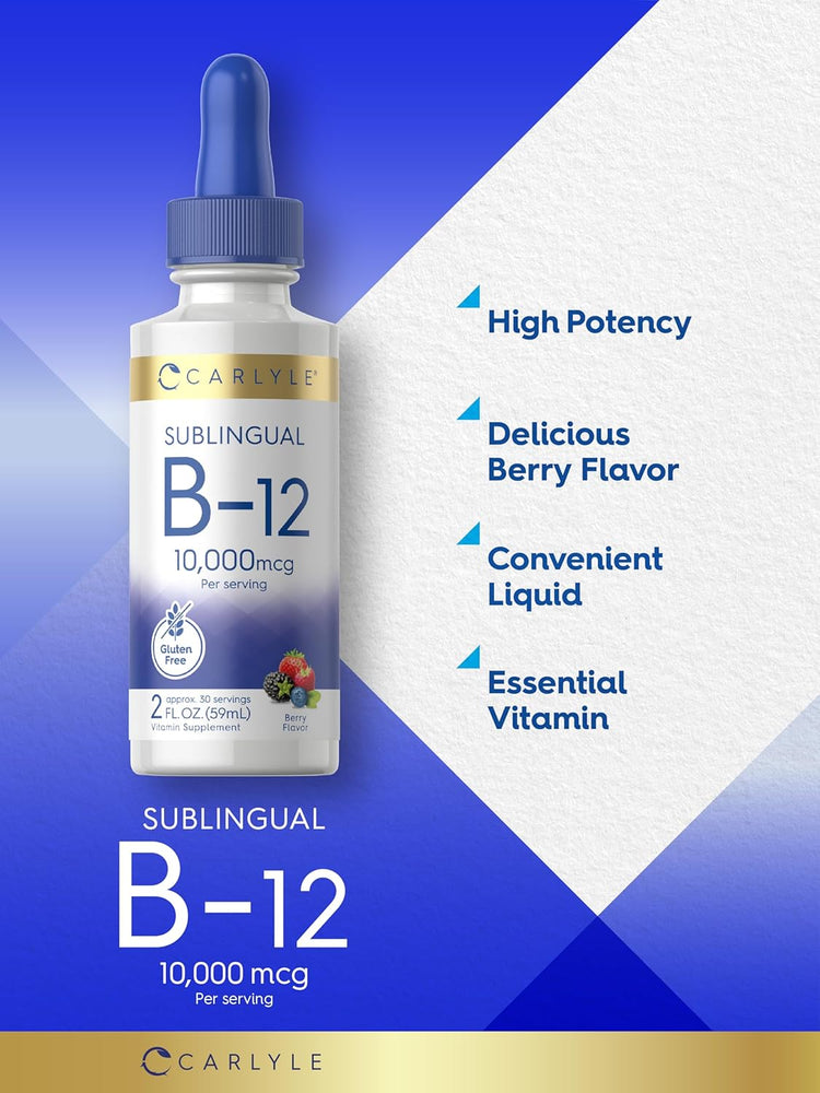 Carlyle Sublingual B-12 Liquid, 10,000 mcg per serving, 2 FL OZ (59 mL), Berry Flavor, Gluten Free supplement.