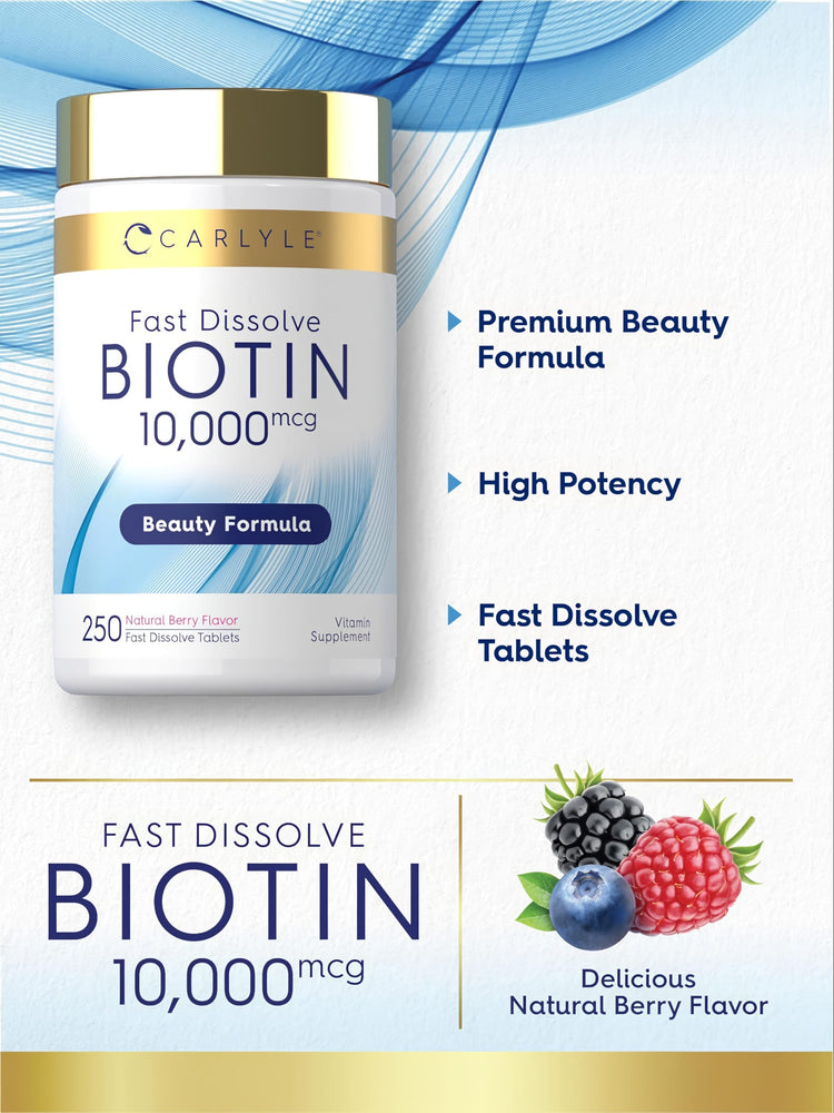 Carlyle Fast Dissolve Biotin 10,000 mcg, 250 tablets with natural berry flavor. Beauty formula for fast dissolve.