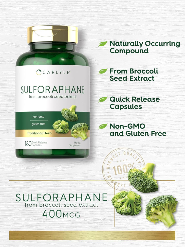 Carlyle Sulforaphane 400 MCG, 180 capsules; quick release, non-GMO, gluten-free broccoli seed extract.