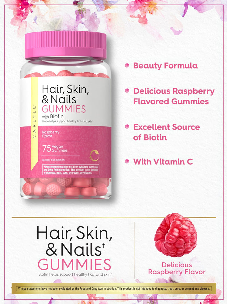 Hair, Skin, & Nails Gummies with Biotin, raspberry flavor, in a clear bottle with a pink cap, containing 75 vegan gummies.