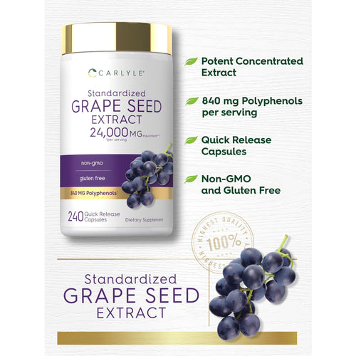 View 4 Product highlights graphic stating Potent Concentrated Extract, 840 mg Polyphenols per serving, Quick Release Capsules, Non-GMO, Gluten Free.