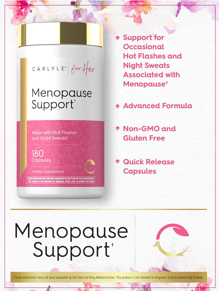 Product highlights graphic stating Supports Hot Flashes & Night Sweats⁺, Advanced Formula, Non-GMO and Gluten Free, Quick Release Capsules.