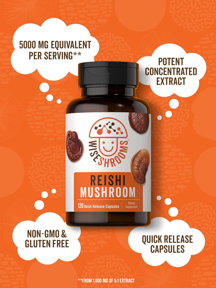 WISE MUSHROOMS Reishi Mushroom supplement bottle with 120 quick release capsules.