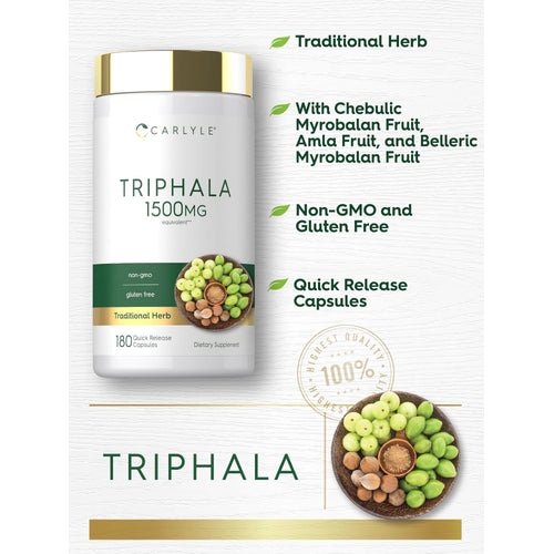 View 4 Product highlights graphic stating Traditional Herb with Chebulic, Amla, Belleric Myrobalan Fruits, Non-GMO, Gluten Free Capsules.