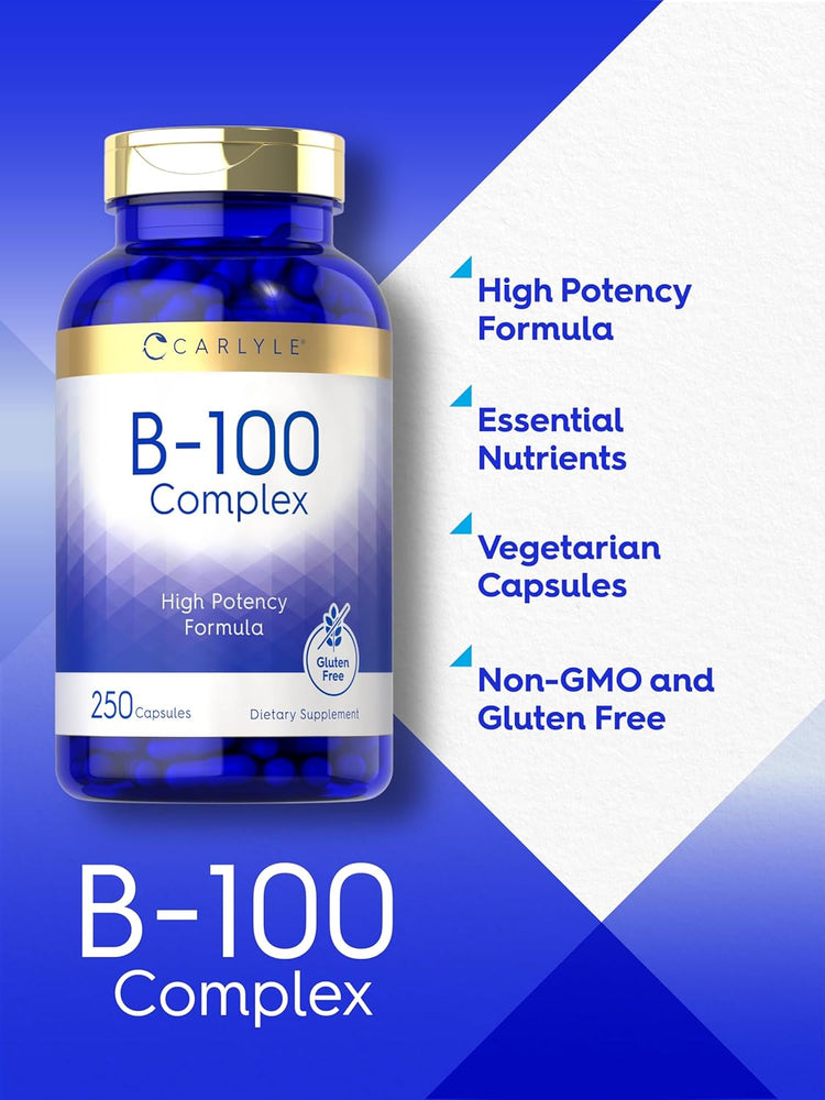 Carlyle B-100 Complex, High Potency Formula, 250 Capsules, is a gluten-free dietary supplement.