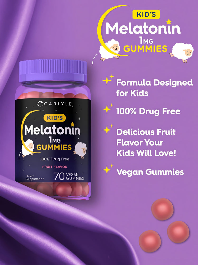 Product highlights graphic stating: Formula Designed for Kids, 100% Drug-Free, Delicious Fruit Flavor Your Kids Will Love!, Vegan.