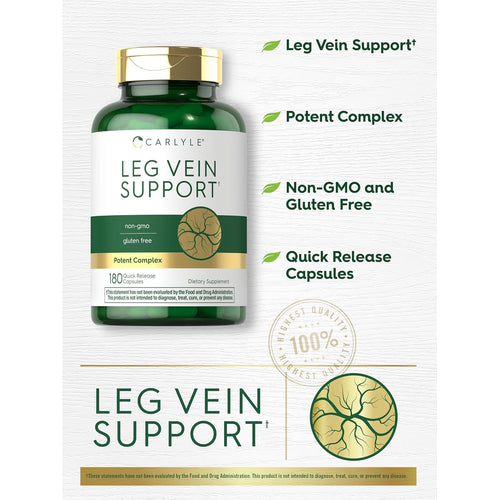 View 4 Carlyle Leg Vein Support 180 Quick Release Capsules dietary supplement bottle. Non-GMO, gluten-free, potent complex.