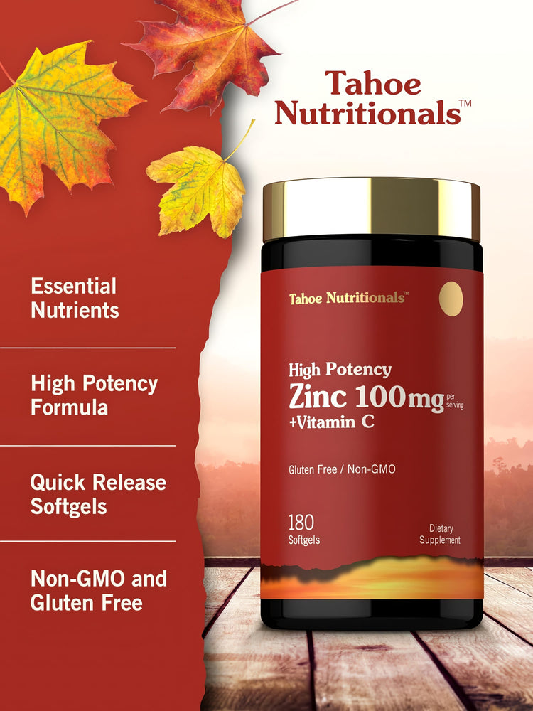 Product highlights graphic stating Essential Nutrients, High Potency Formula, Quick Release Softgels, Non-GMO and Gluten Free