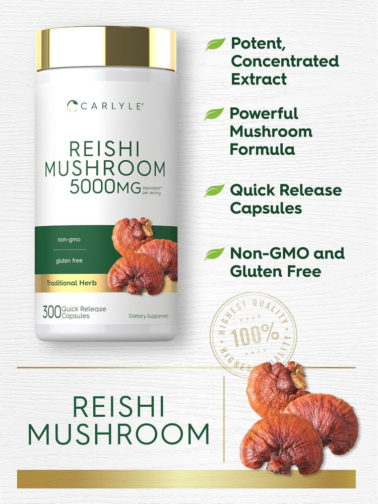 Product highlights graphic stating Potent, Concentrated Extract, Powerful Mushroom Formula, Quick Release Capsules, Non-GMO, Gluten Free.
