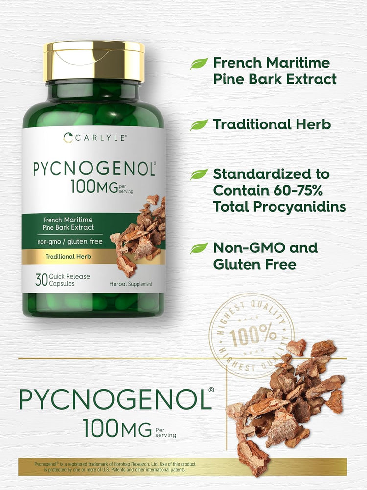 Carlyle Pycnogenol 100 mg bottle with 30 capsules featuring loose pine bark extract.