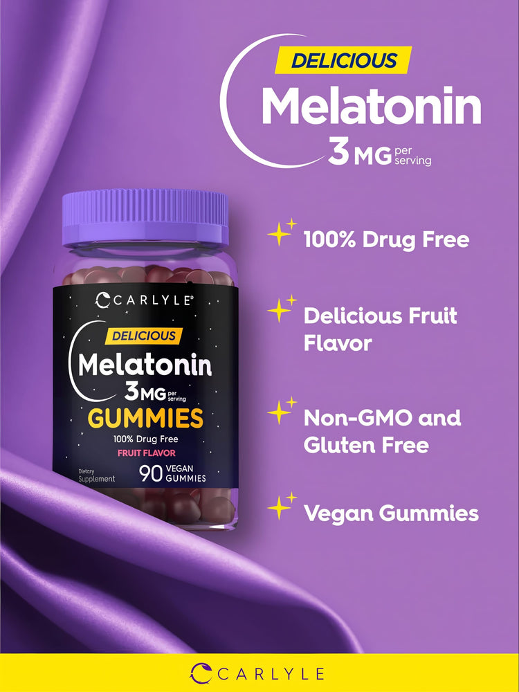Carlyle Melatonin 3 mg gummies, 90 vegan fruit-flavored gummies in a delicious formula.