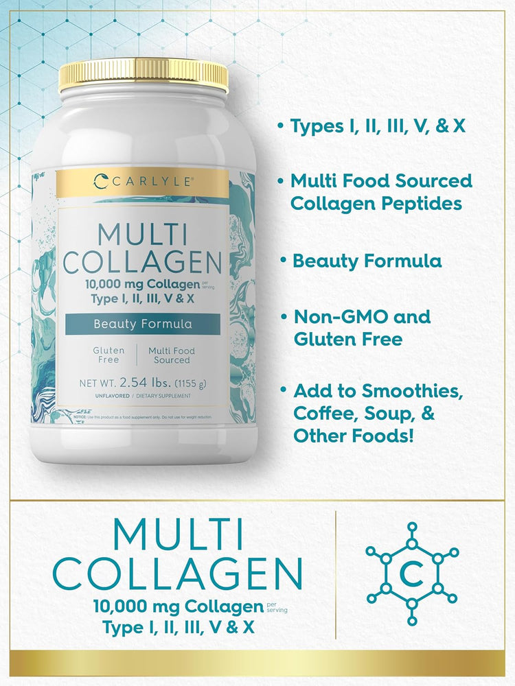 Carlyle Multi Collagen Powder offers 10,000 mg of collagen per serving with Types I, II, III, V & X, weighing 2.54 lbs.