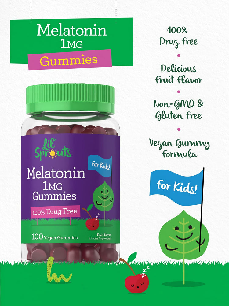 Product highlights graphic stating 100% drug free, delicious fruit flavor, non-GMO, gluten free, vegan gummy formula.