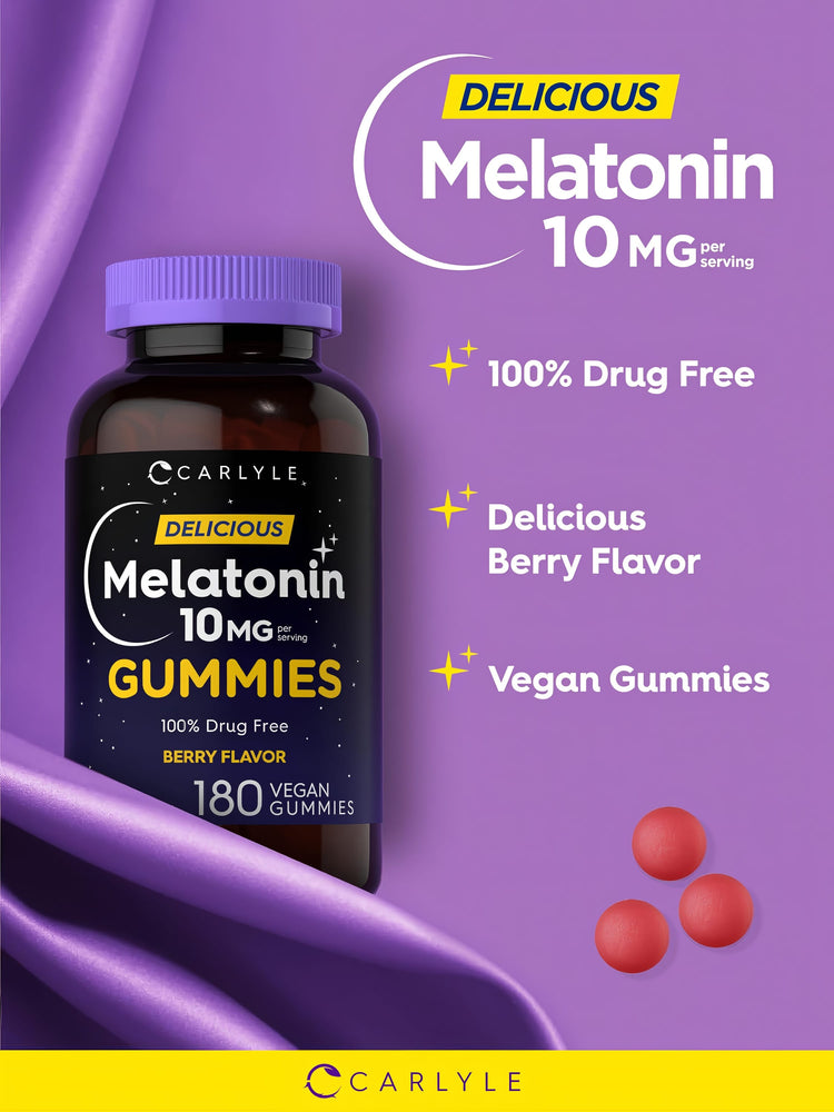Delicious CL Melatonin 10 mg 180 Vegan Berry Flavor Gummies. 100% Drug Free. Three red gummies displayed.