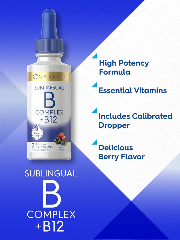 Carlyle Sublingual B Complex + B12 liquid, 2 fl. oz., 59 servings, Berry Flavor. Gluten-free vitamin supplement.